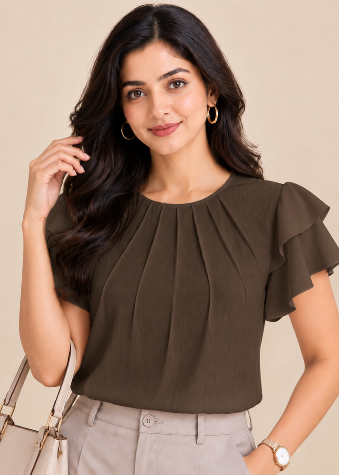 Flurr chocolate brown Pearl Pleat Top with flutter sleeves front close-up