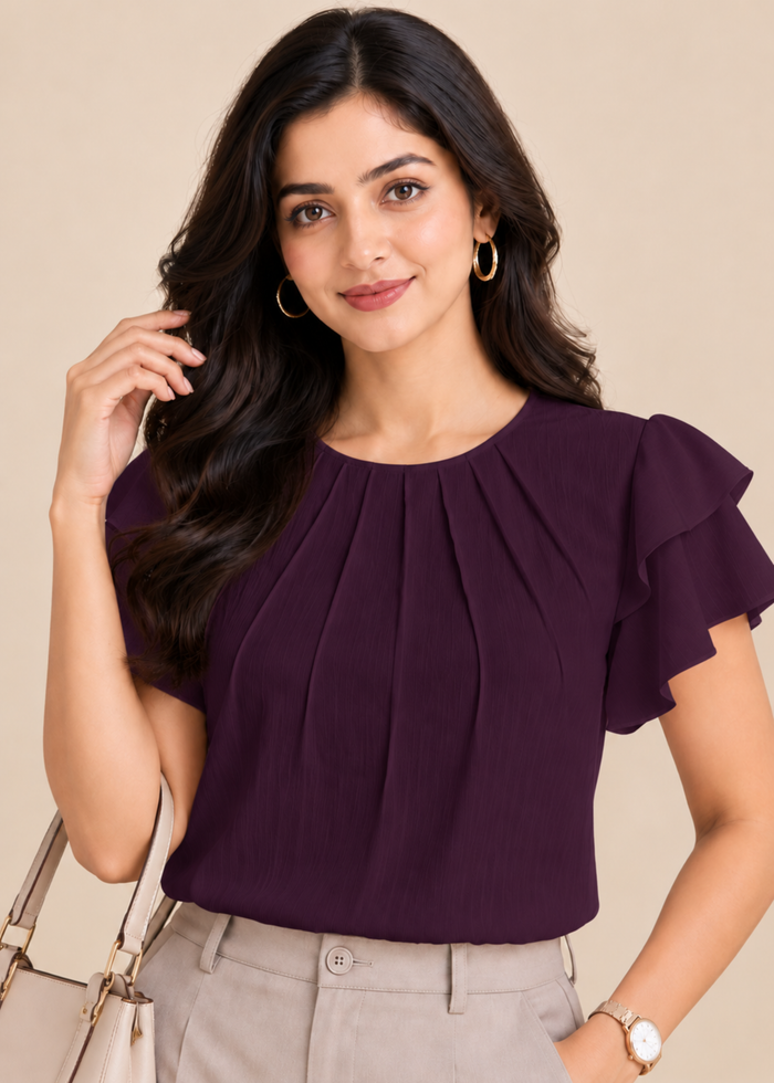 Flurr dark purple Pearl Pleat Top with flutter sleeves front close-up