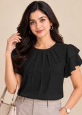 Flurr black Pearl Pleat Top with flutter sleeves front close-up
