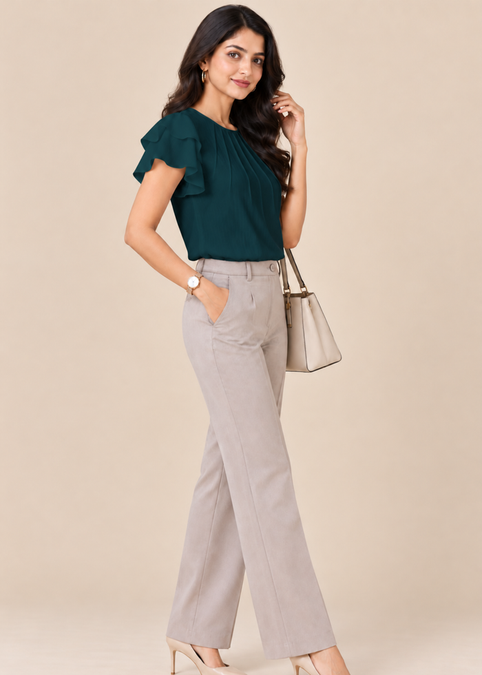 Flurr teal blue Pearl Pleat Top with flutter sleeves right side view
