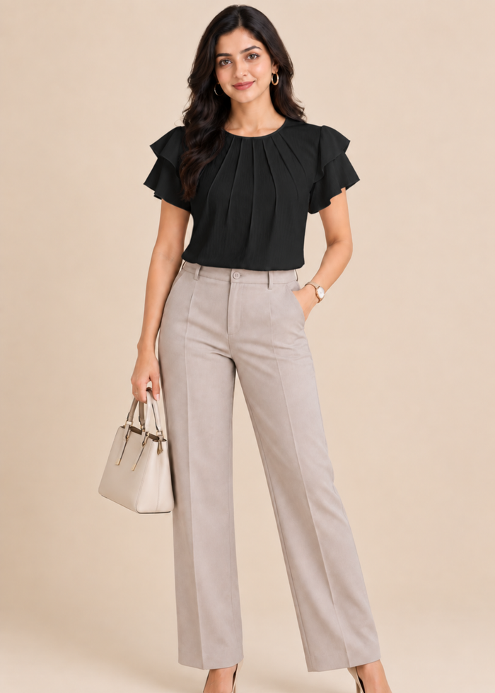 Flurr black Pearl Pleat Top with pleat detailing and flutter sleeves front lookshot