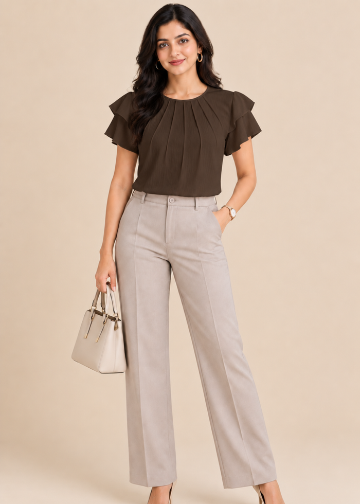 Flurr chocolate brown Pearl Pleat Top with pleat detailing and flutter sleeves front lookshot