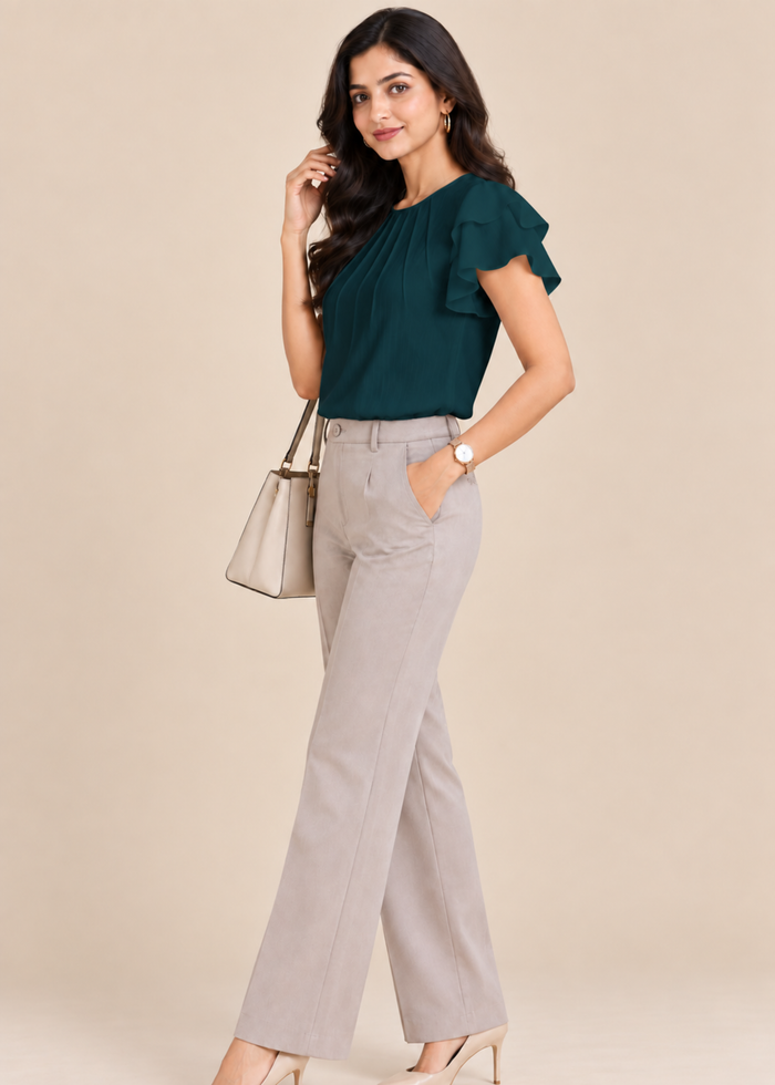 Flurr teal blue Pearl Pleat Top with flutter sleeves left side view