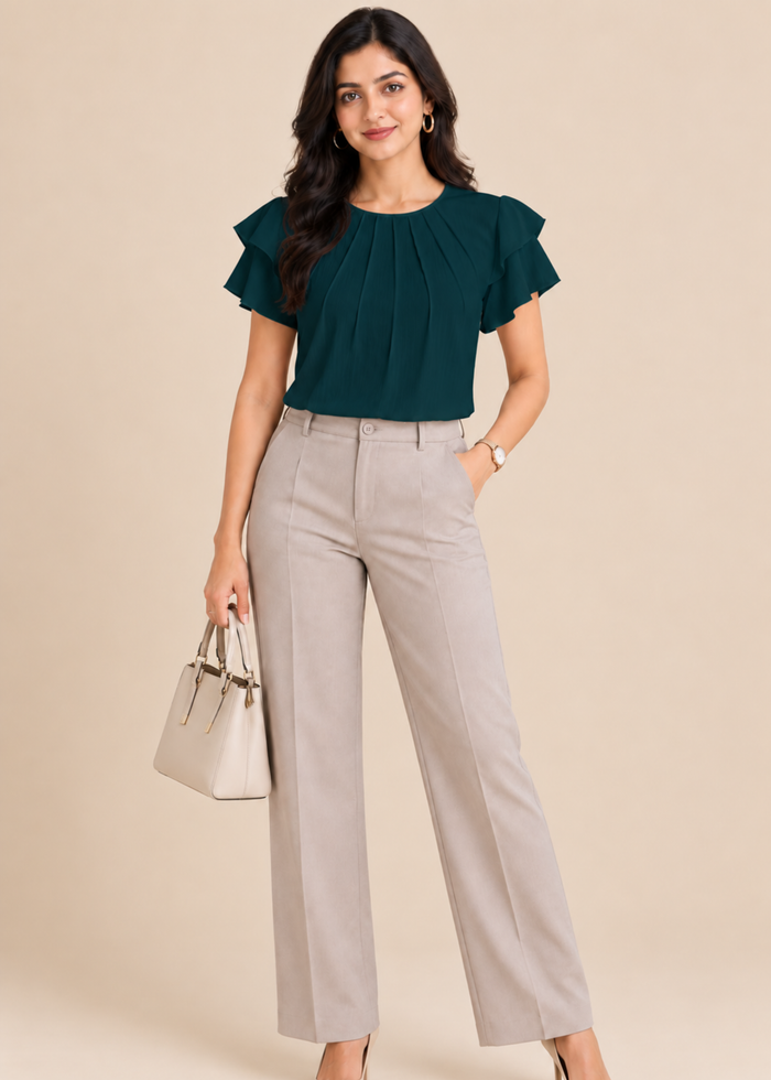 Flurr teal blue Pearl Pleat Top with pleat detailing and flutter sleeves front lookshot