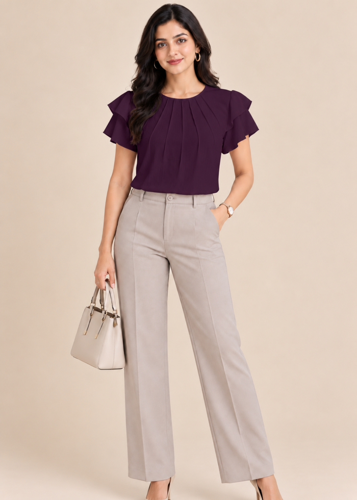 Flurr dark purple Pearl Pleat Top with pleat detailing and flutter sleeves front lookshot