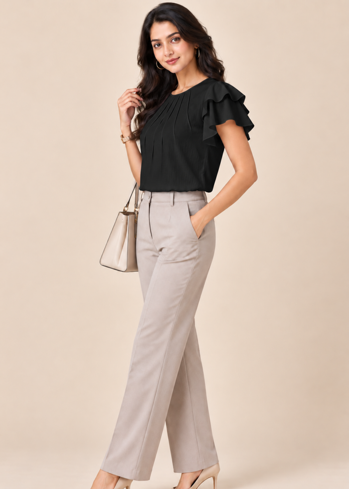 Flurr black Pearl Pleat Top with flutter sleeves left side view