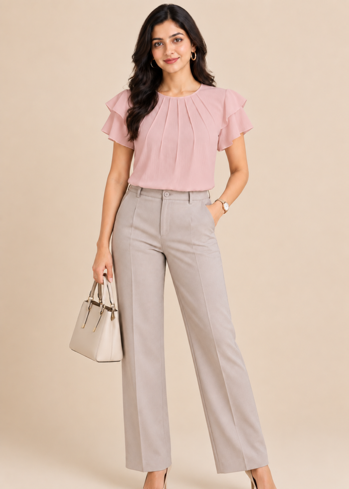 Flurr soft pink Pearl Pleat Top with pleat detailing and flutter sleeves front lookshot