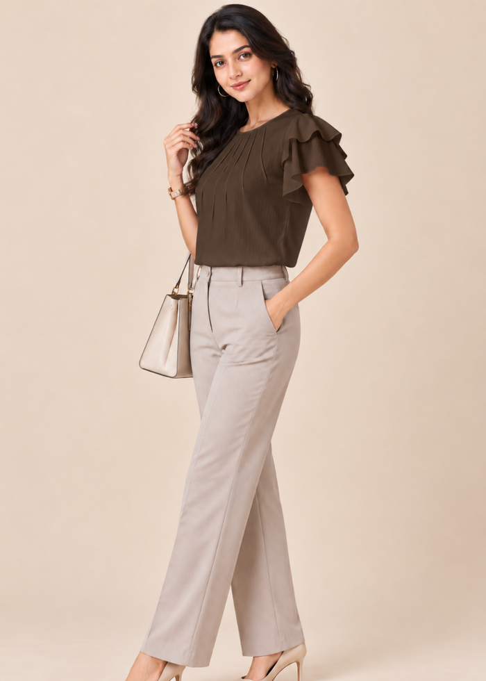 Flurr chocolate brown Pearl Pleat Top with flutter sleeves left side view