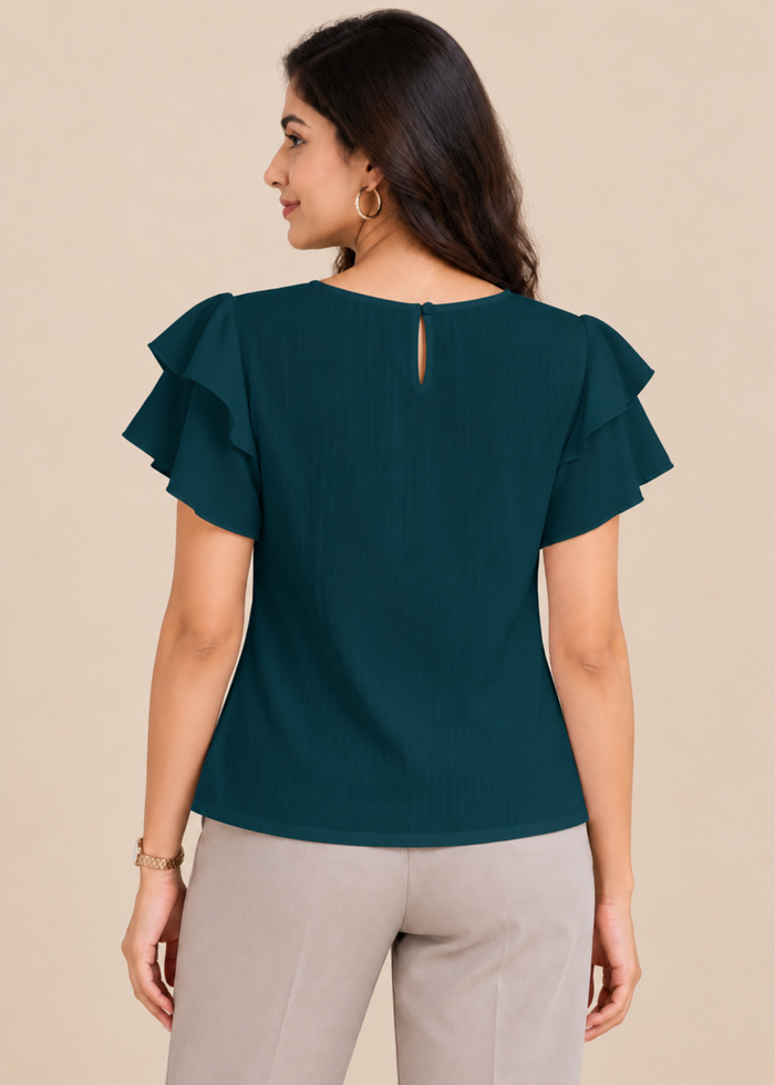 Flurr teal blue Pearl Pleat Top with flutter sleeves back view