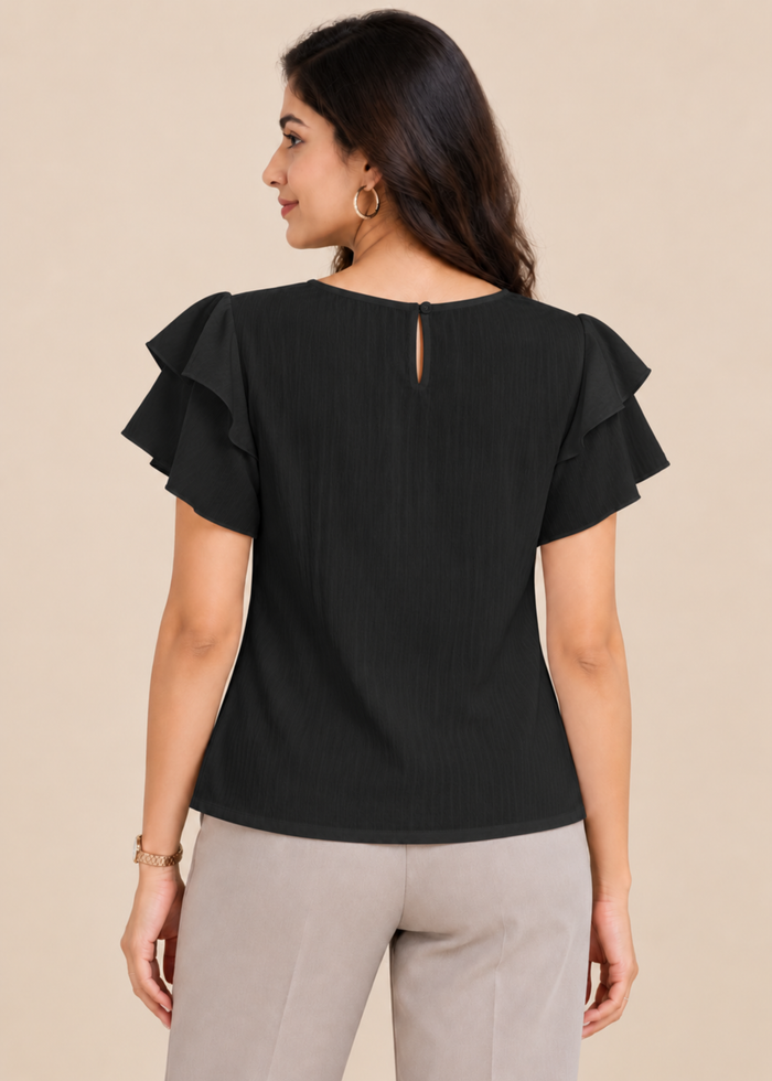 Flurr black Pearl Pleat Top with flutter sleeves back view