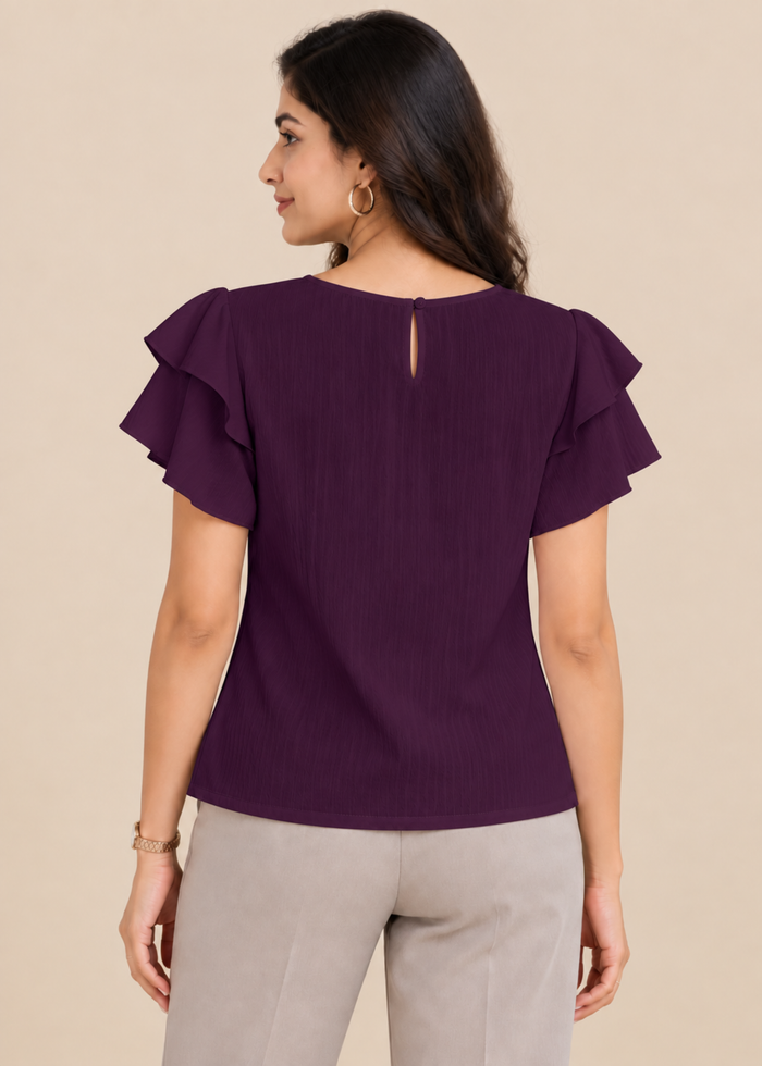 Flurr dark purple Pearl Pleat Top with flutter sleeves back view