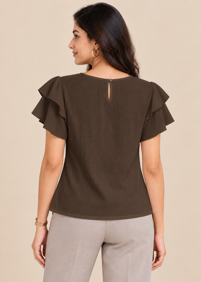 Flurr chocolate brown Pearl Pleat Top with flutter sleeves back view