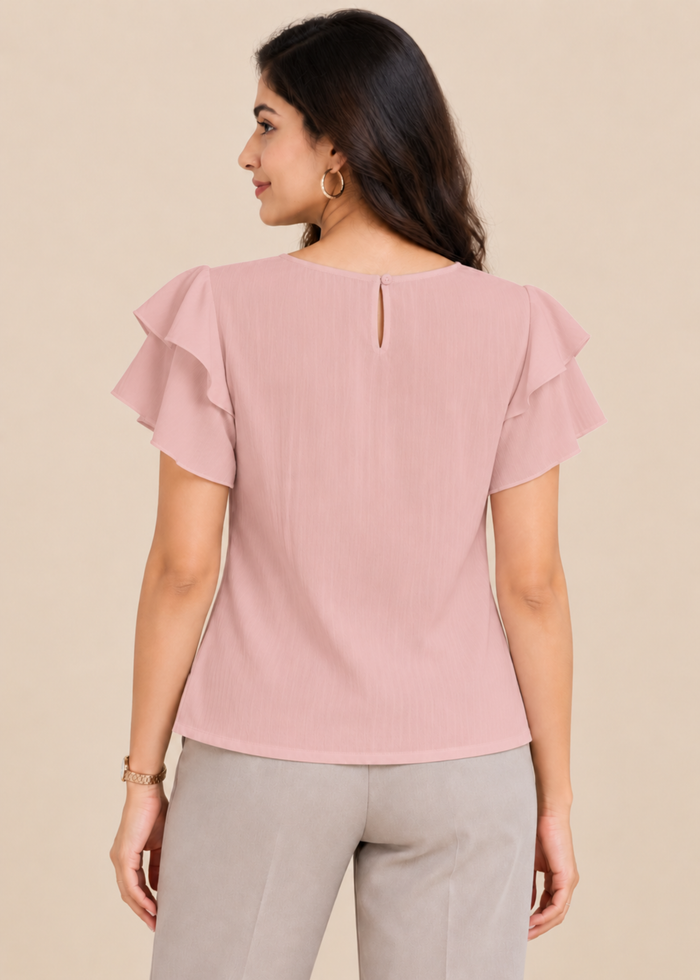 Flurr soft pink Pearl Pleat Top with flutter sleeves back view