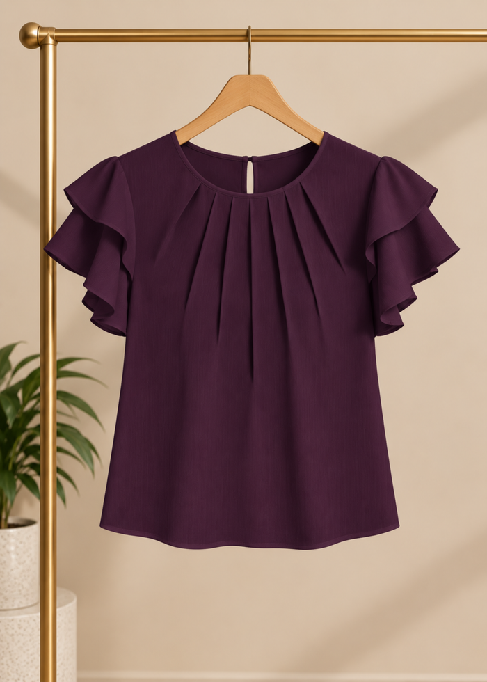 Flurr dark purple Pearl Pleat Top with flutter sleeves displayed on hanger