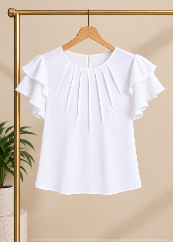 Flurr white pleat top with flutter sleeves displayed on hanger