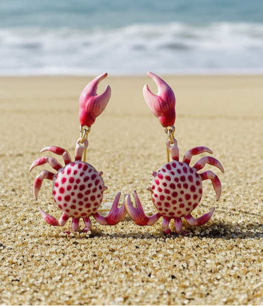 Amanda Bright Designs Pink crab-shaped earrings on a sandy beach with ocean waves in the background