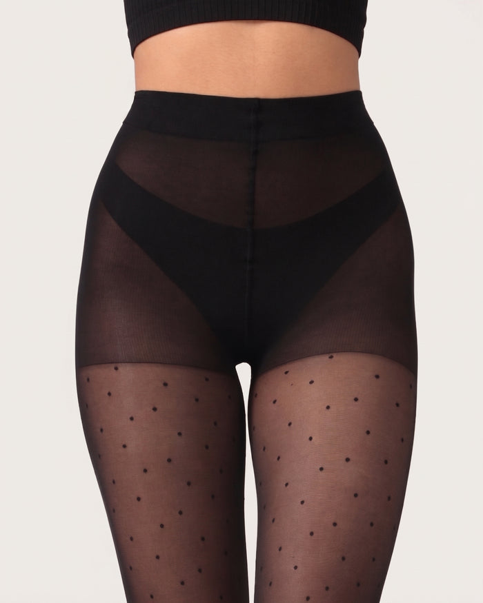Front view highlighting the high-waisted Natural Smoothing Panty on the Polka Dot Tights in Black.