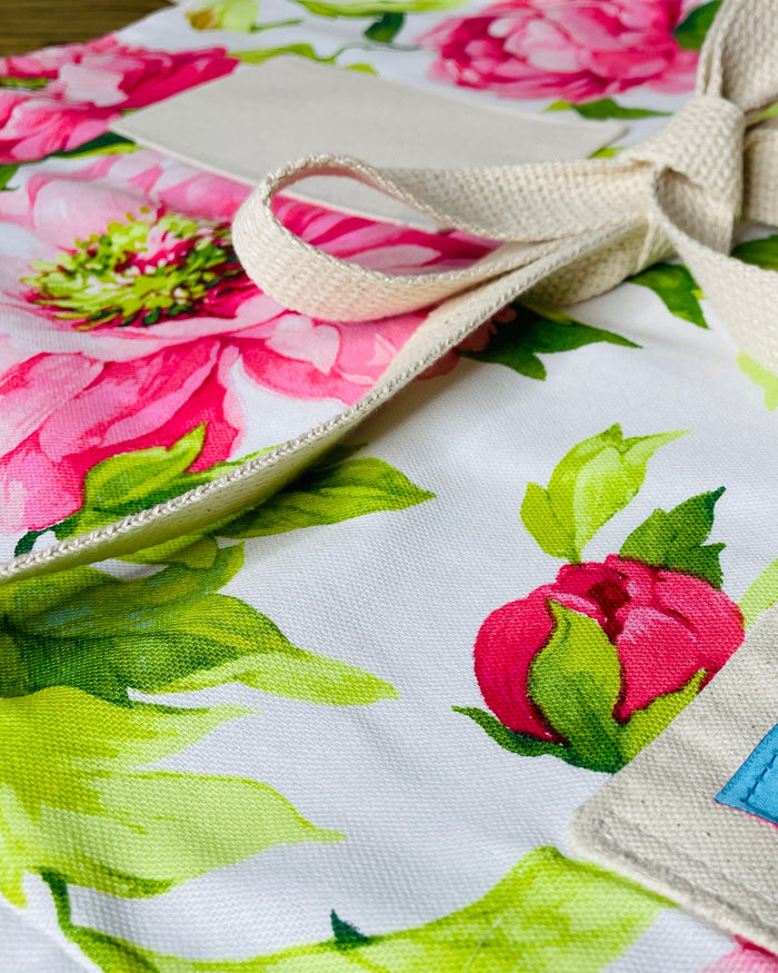 Priscilla Apron pink oversized peonies garden apron baking cooking retro designer garden flowers closeup view