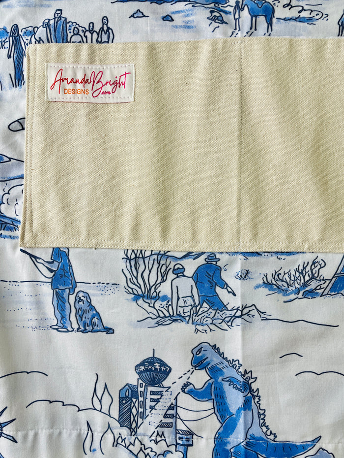 Amanda Bright Designs apocalyptic, apron, pen, and ink Godzilla war of the worlds boy and his dog