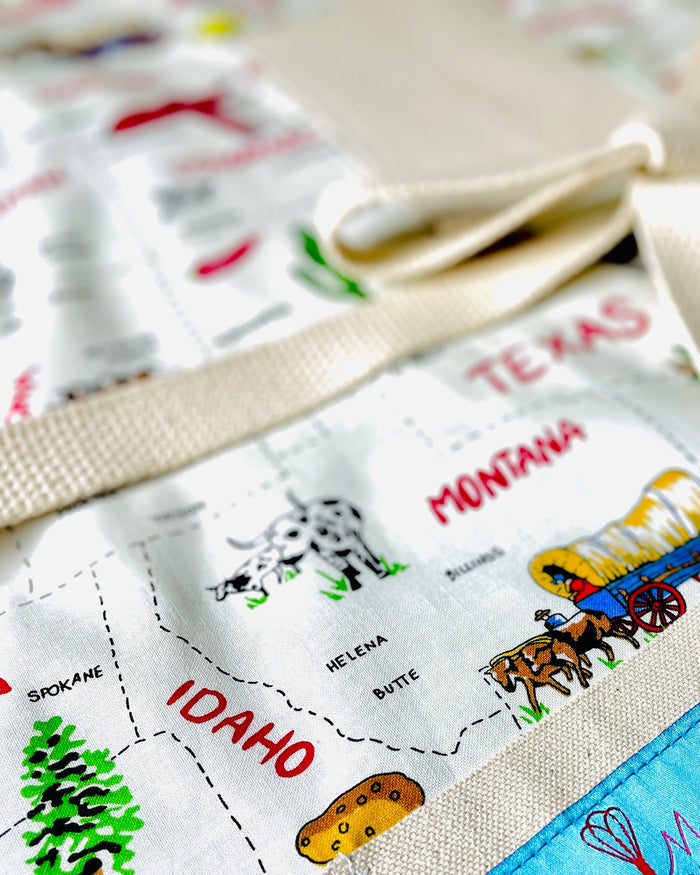 Sadie kitchen apron 50 states and their capitals historic industries road trip American heartland travel Conestoga wagon oil well longhorn airplane canoe cheese log cabin closeup view of apron