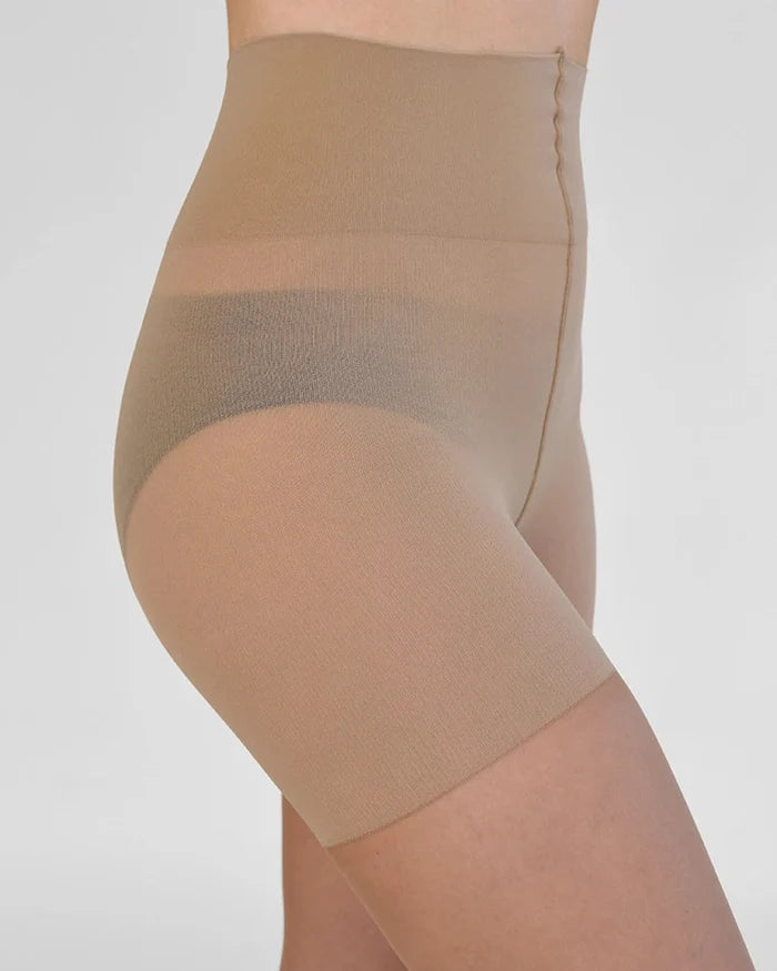 Side view close-up of the waistband on the Sheer Shaping Tights 30D in Dune.