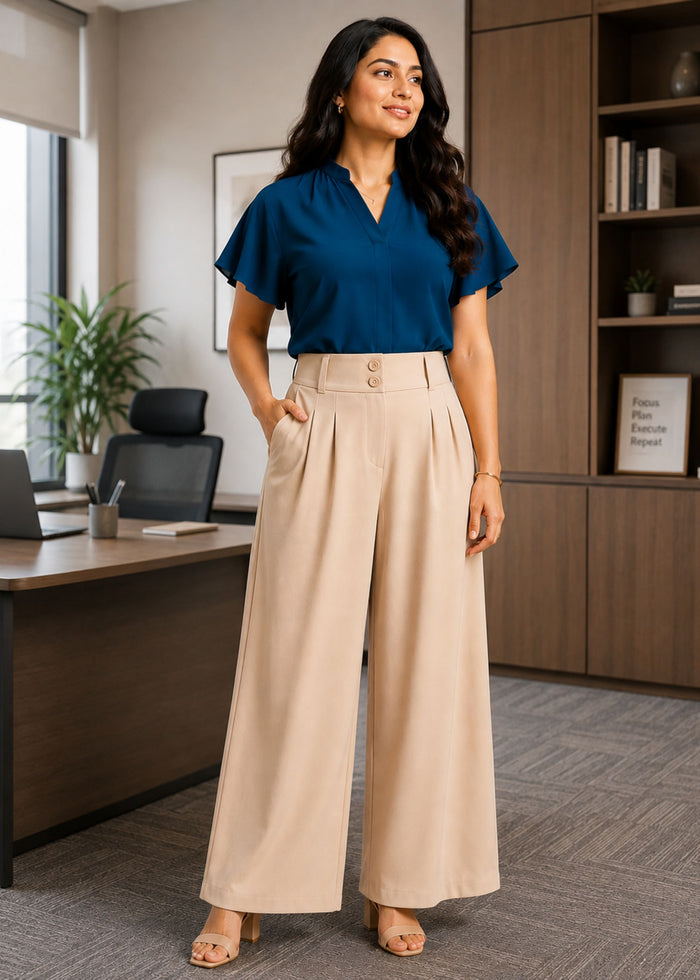 Flurr beige wide leg pants front view for women’s officewear