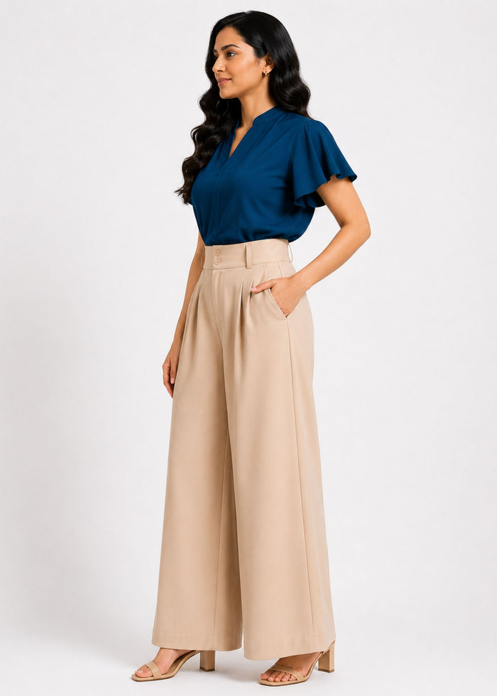 Flurr beige wide leg pants left side view for women’s officewear