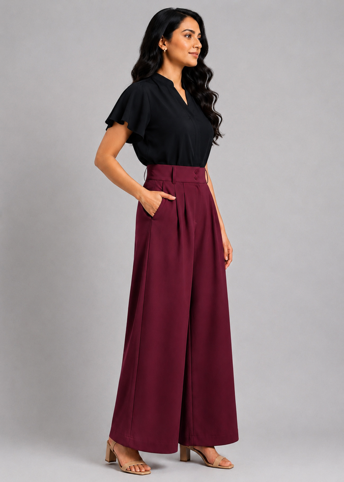 Flurr wine berry wide leg pants right side view for women’s officewear