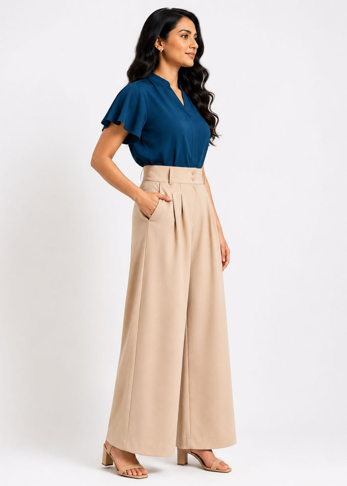 Flurr beige wide leg pants right side view for women’s officewear