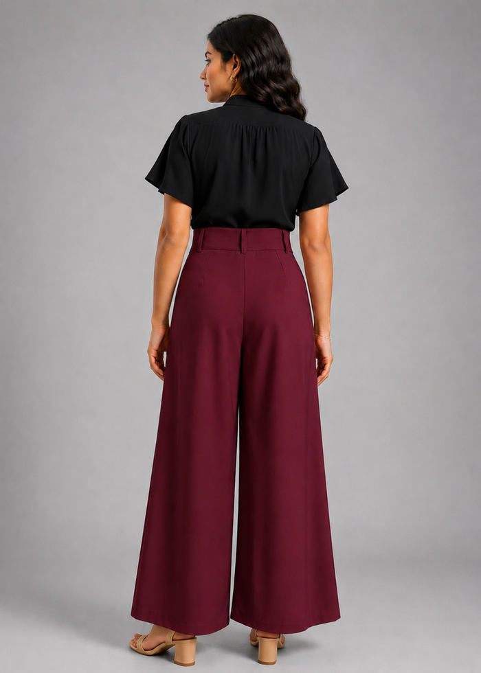 Flurr wine berry wide leg pants back view for women’s officewear