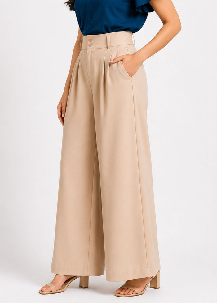 Flurr beige wide leg pants close-up showing fabric and tailoring details