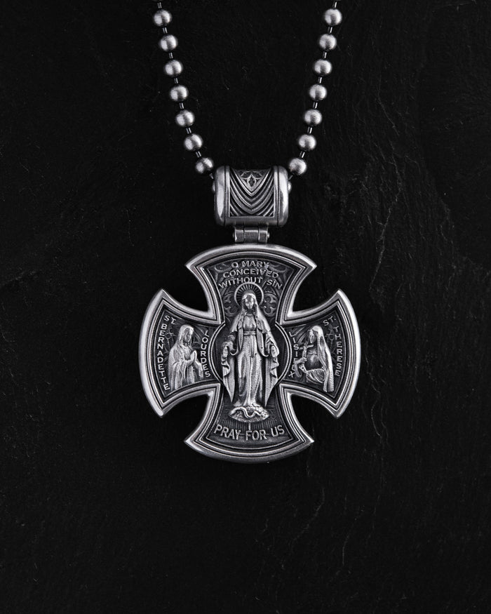 Silver cross JESUS CHRIST. SAINT MARY, PRAY FOR US