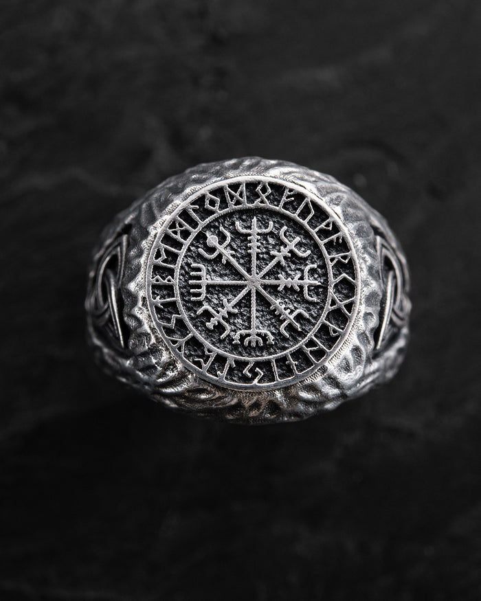 Silver ring VEGVISIR. RUNES