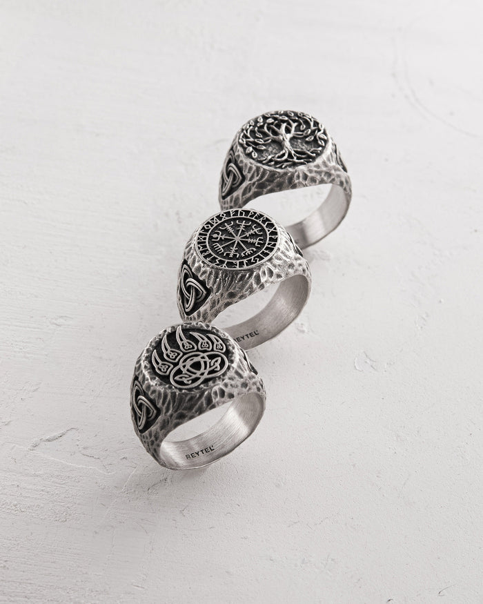 Silver ring VEGVISIR. RUNES