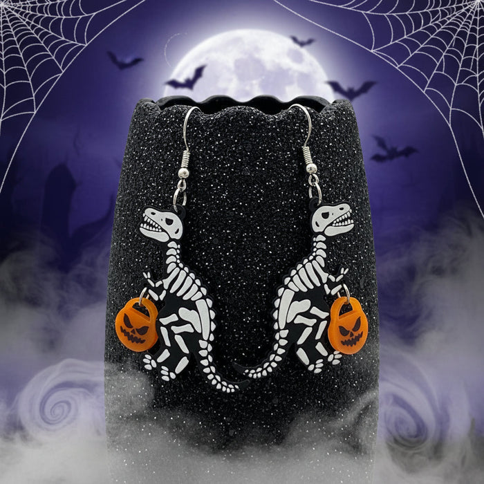 Skeleton Dinosaur with Trick Or Treat Bucket Earrings