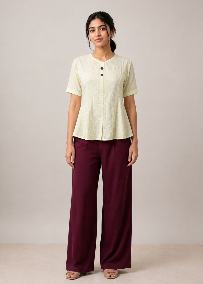 Flurr soft peplum button-down top full-length view for women's officewear