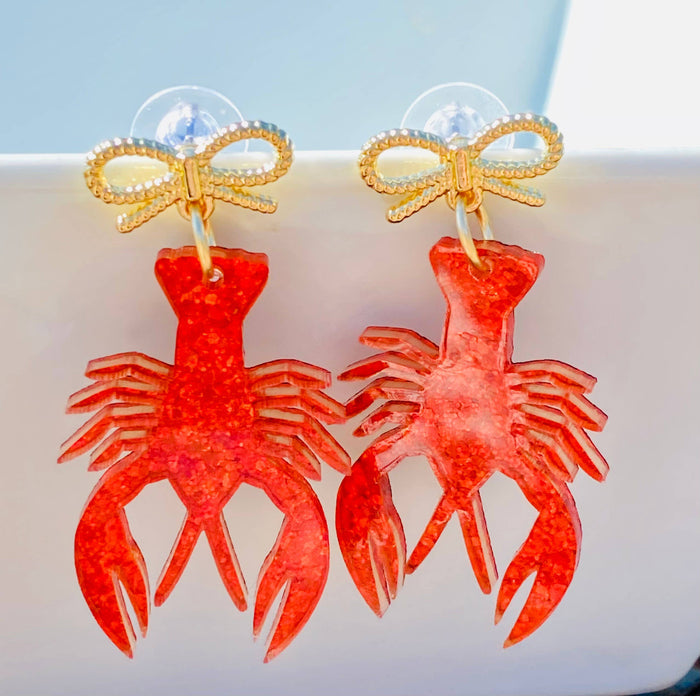 Amanda Bright Designs crawfish acrylic earrings with gold bow
