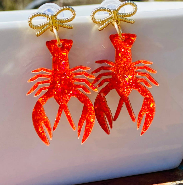 Amanda Bright Designs crawfish acrylic earrings with gold bow