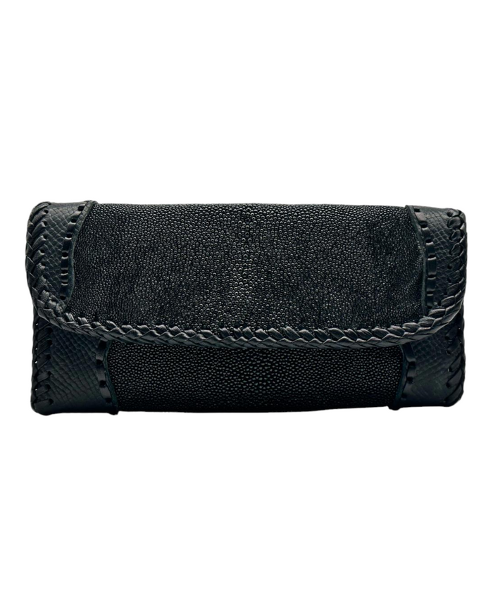 Stingray Leather Women's Wallet – Handmade Black Clutch with Coin Pocket, Mirror, Zipper & Card Slots