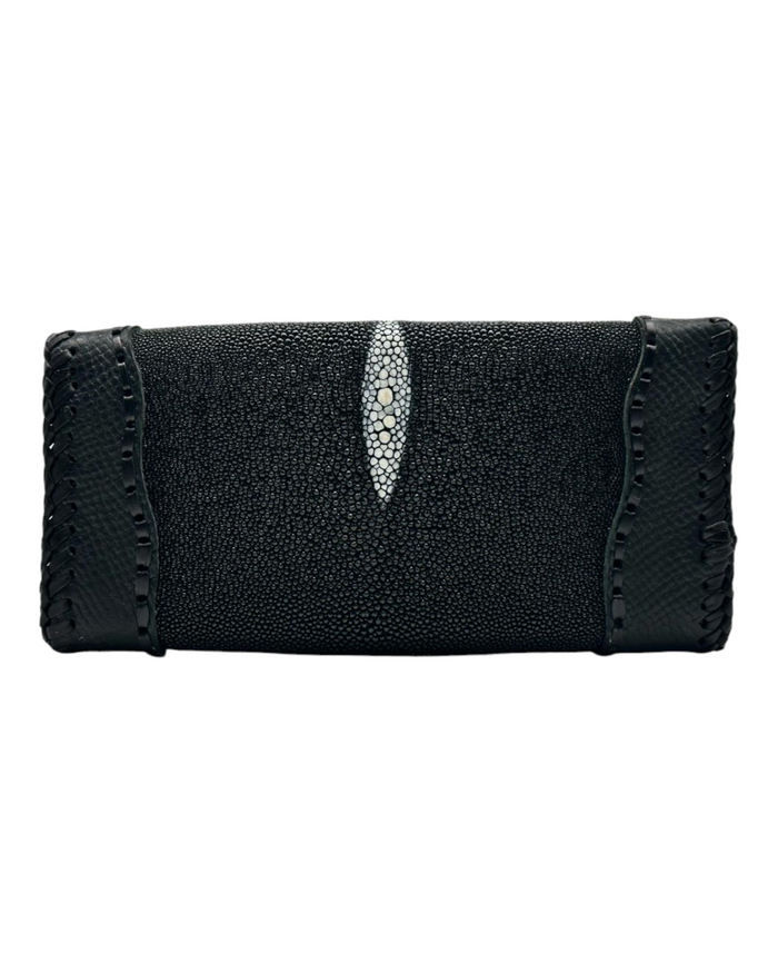 Stingray Leather Women's Wallet – Handmade Black Clutch with Coin Pocket, Mirror, Zipper & Card Slots