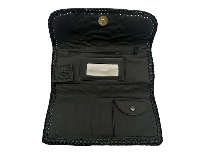 Stingray Leather Women's Wallet – Handmade Black Clutch with Coin Pocket, Mirror, Zipper & Card Slots