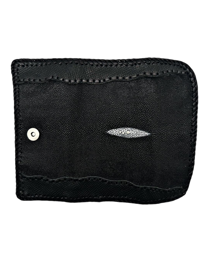 Stingray Leather Women's Wallet – Handmade Black Clutch with Coin Pocket, Mirror, Zipper & Card Slots