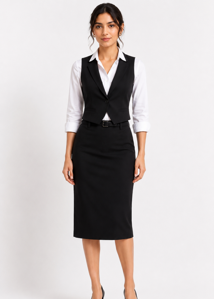 Flurr black pencil skirt for women, front view full-length look featuring a sleek fitted silhouette and knee-length design