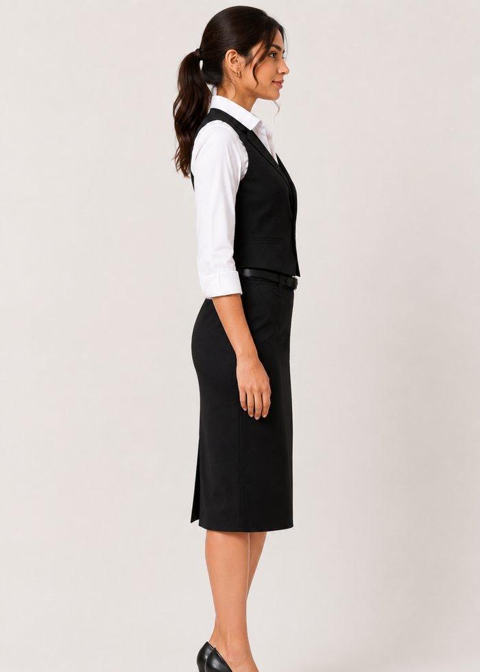 Flurr black pencil skirt for women, right side view showcasing its fitted silhouette and sleek straight cut