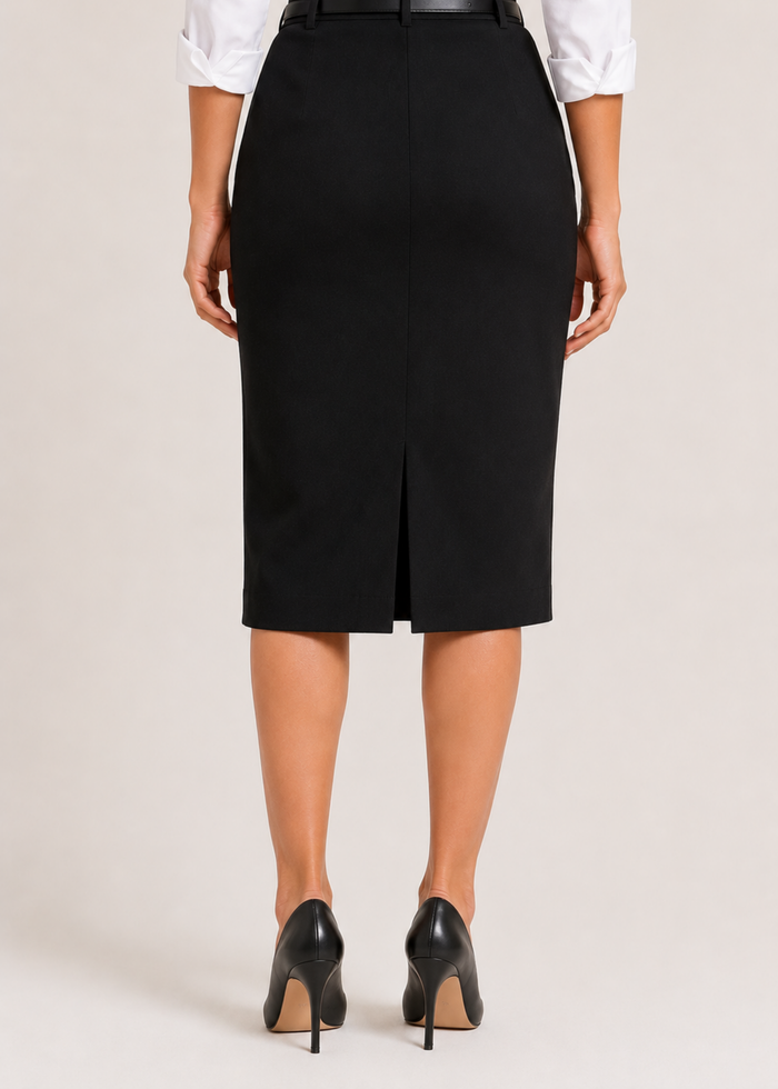 Flurr black pencil skirt for women, back close-up showcasing the fitted silhouette and sleek tailored finish