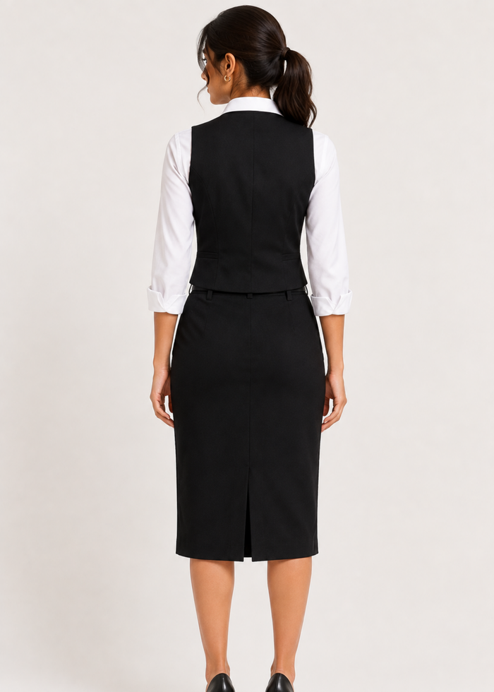 Flurr black pencil skirt for women, back view full-length showcasing the sleek fitted silhouette and clean finish
