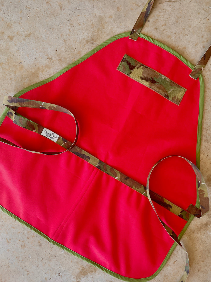 Amanda Bright Designs men’s apron the McClane Die Hard Red waterproof canvas apron with camouflage straps