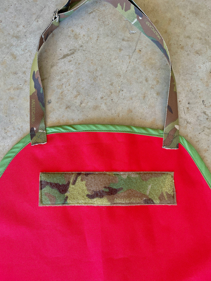 Amanda Bright Designs men’s apron the McClane Die Hard Red waterproof canvas apron with camouflage straps