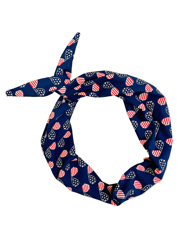 Navy blue patriotic headband with red, white, and blue colors and aviator sunglasses Amanda bright designs