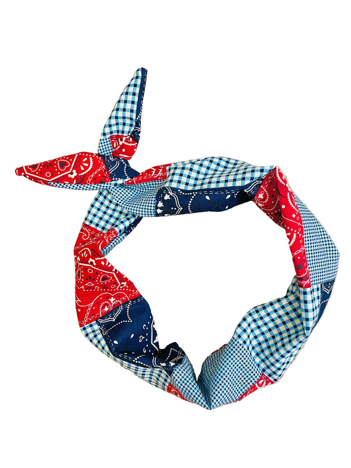 Amanda Bright Designs Fabric headband with red, white, and blue bandana and shirt check patterns USA July 4th